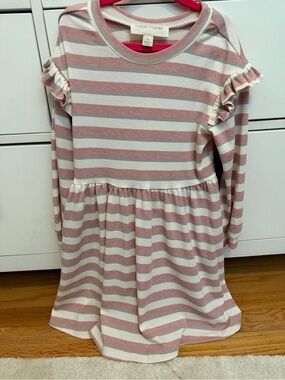 Girls' Pink & White Stripe Ruffle Long-Sleeve Dress